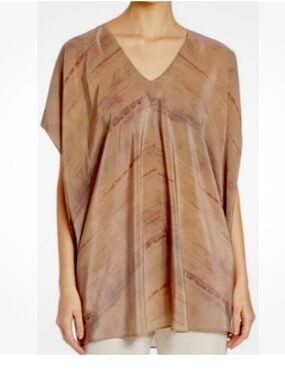 Eileen Fisher Mocha Grove Printed Tie Dye Silk V Neck Layering Abstract Tunic.